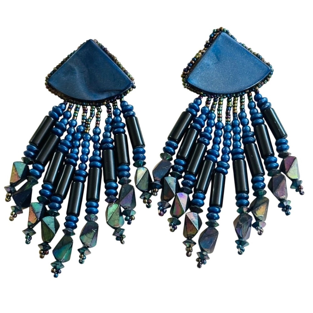 VTG 80s Runway pierced waterfall Earrings‎ chunky Blue Black Dangle lucite glass